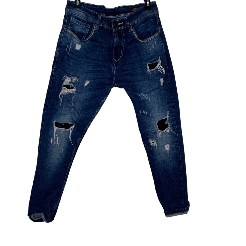 Jack and Jones dark wash distressed jeans pants with black lining at distress.